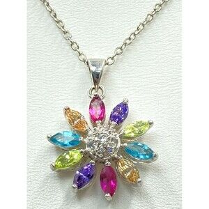 Vintage Multicolor Marquise Flower Pendant Necklace Silver Tone 20in Statement